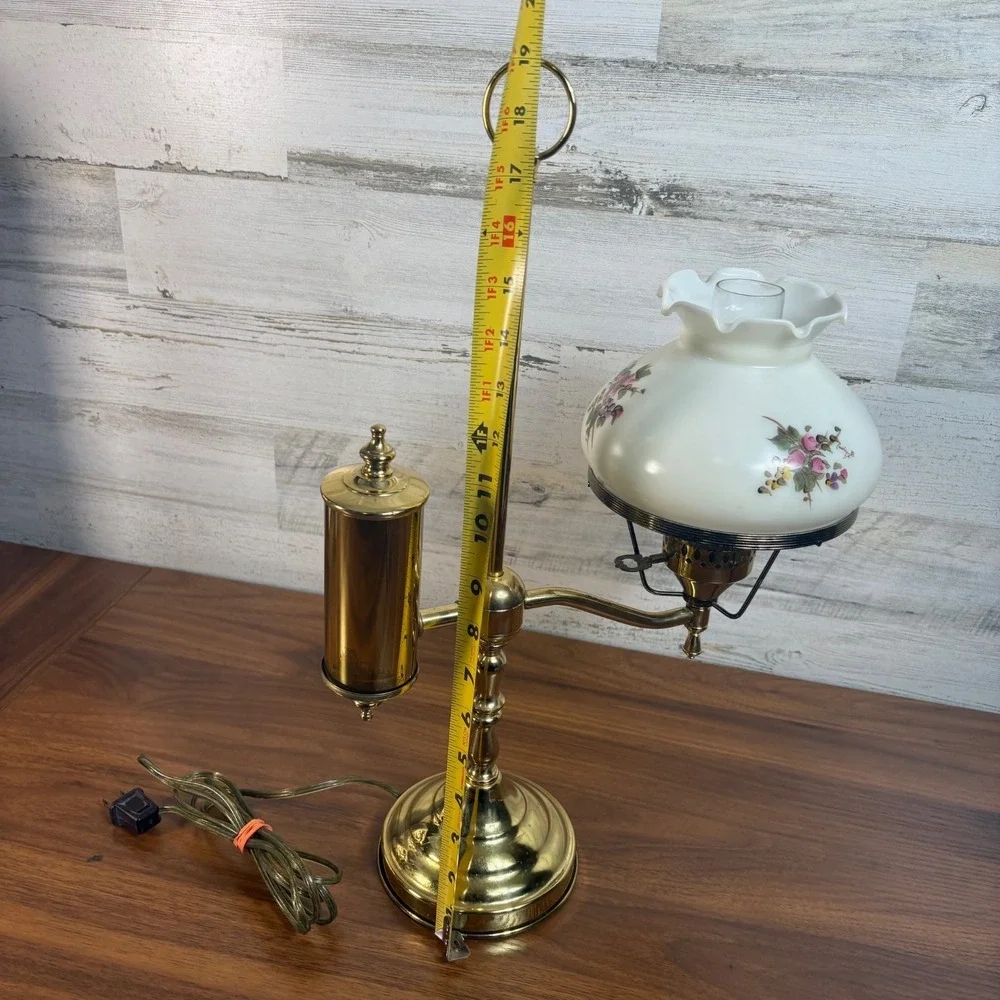 Antique Brass Student Oil Lamp Modified Wired Working with Floral Single Arm